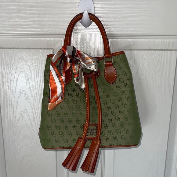 Dooney & Bourke Drawstring green monogram Bucket Bag - Picture 1 of 11
